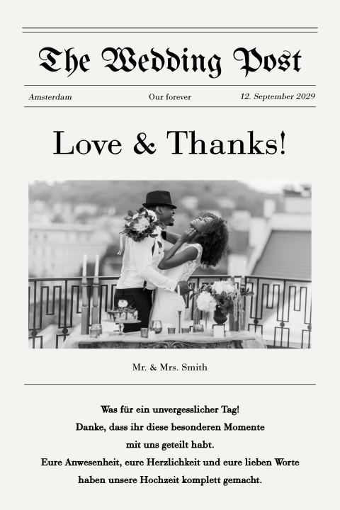 Dankeskarte Hochzeit im Zeitungsstil mit Foto