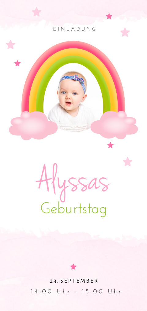 Süße Einladung zum Kindergeburtstag mit Regenbögen und rosa Wolken
