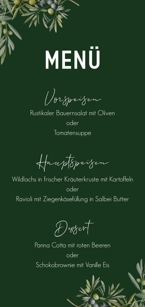 Menükarte mit dunkelgrünem Hintergrund und Olivenzweigen