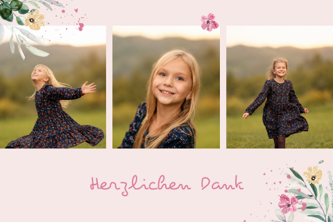 Dankeskarte zur Kommunion in Rosa mit Fotos und Blumen