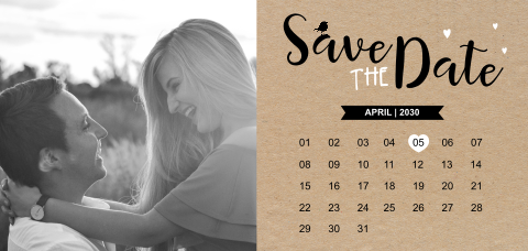 Moderne Save the Date Karte mit Kraftpapier-Look, Foto und Herzen