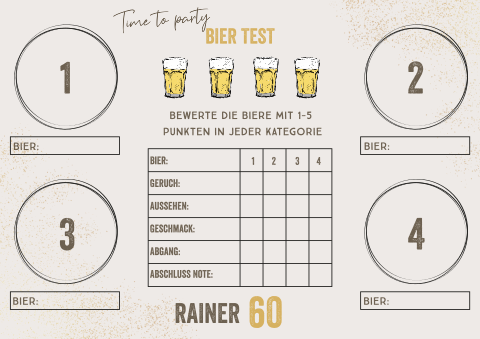 Tischset zum 60. Geburtstag mit Bier Bewertungsspiel oder Test