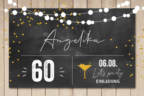 Einladung zum 60. Geburtstag mit Holzhintergrund und Cocktailglas
