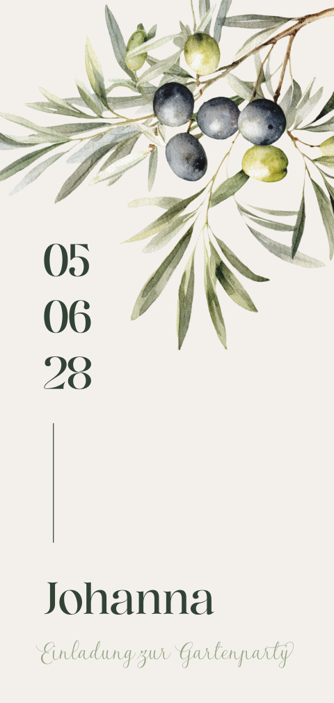 Mediterrane Geburtstagseinladung mit Olivenzweig