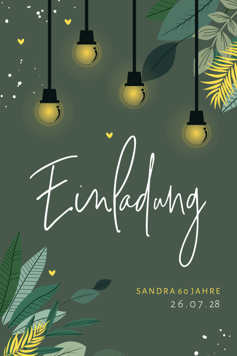 Einladung zur Gartenparty 60 Jahre mit Blättern und Lampen
