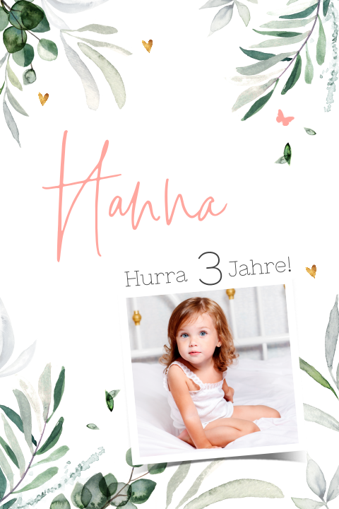 Kindergeburtstag Einladung mit Eukalyptus und Schmetterlingen