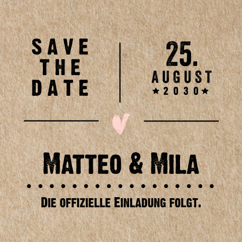 Schöne Save the date Karte mit Kraftpapier-Look und rosa Herzen