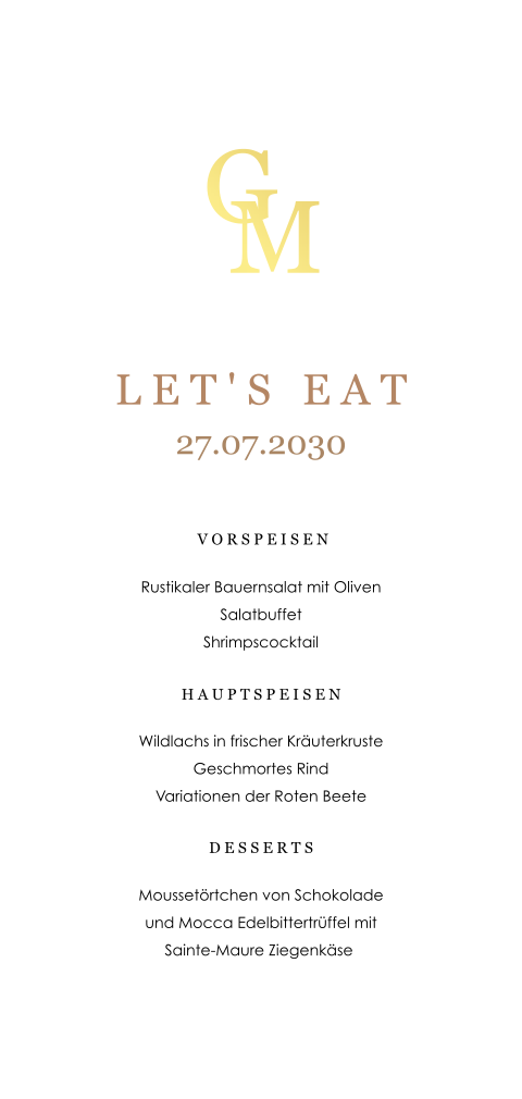 Menükarte mit goldenen Initialen und schlichtem Design