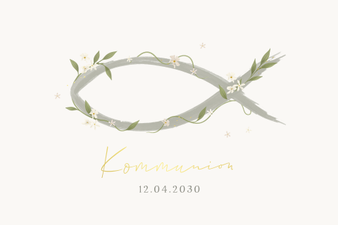 Einladung zur Kommunion mit Aquarell, Ichthys-Fisch und Blumen