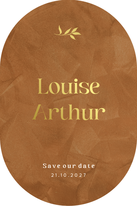 Elegante Save the Date Karte in ovaler Form und Initialen in Goldfolie