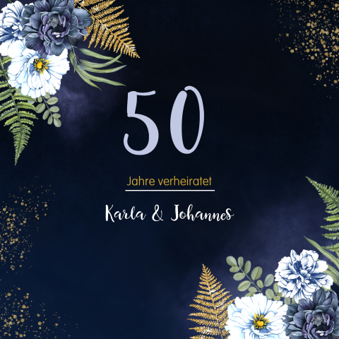 Einladung zur Goldhochzeit mit dunklem Hintergrund und Blumen