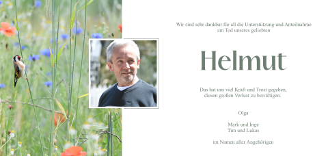 Trauerkarte Danke mit Wiesenblumen und Vogelmotiv