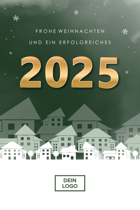 Geschäftliche Weihnachtskarte mit Häuschen, Jahreszahl und Logo