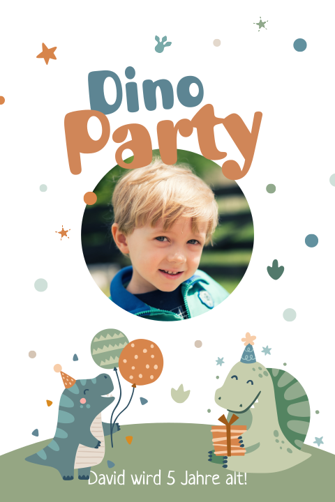 Einladung Kindegeburtstag mit Dinosauriern  und bunter Wimpelkette