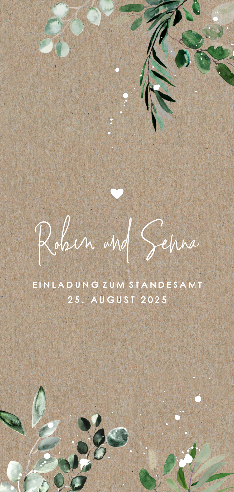 Stilvolle Einladung Standesamt mit Eukalyptuszweigen auf Kraftpapier