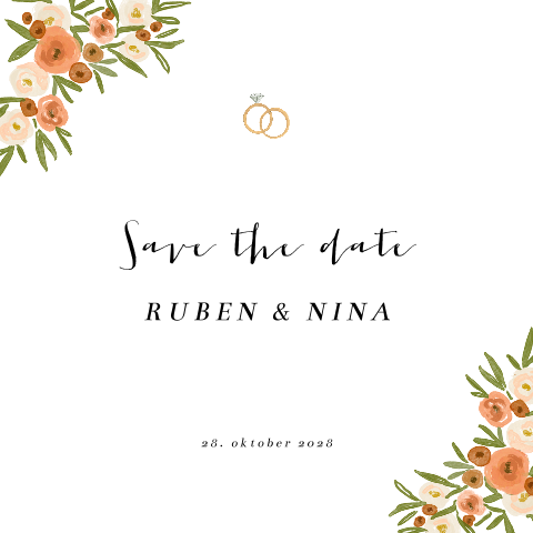 Save-the-date-Karte mit Blumen und Eheringe