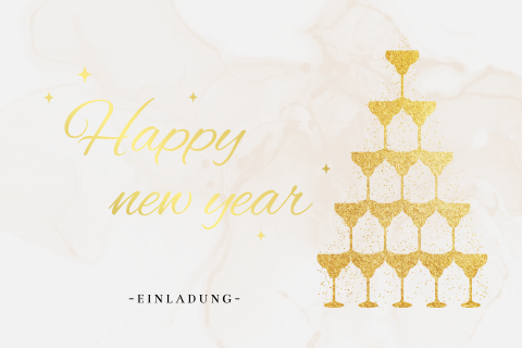 Einladungskarte zur Neujahrsfeier mit Turm aus Champagnergläsern