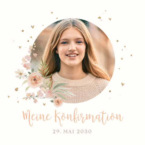 Einladung zur Konfirmation mit Foto, Blumen und Herzen