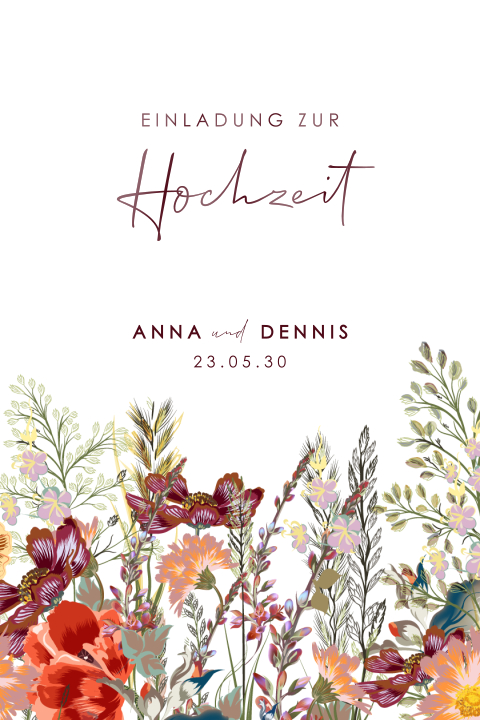 Florale Hochzeitseinladung mit farbenfrohen Feldblumen