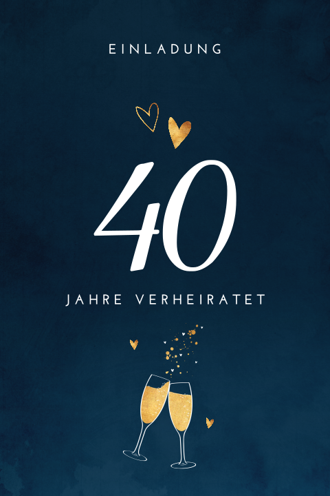 Einladung zur Rubinhochzeit mit Herzen und Sektgläsern auf Dunkelblau
