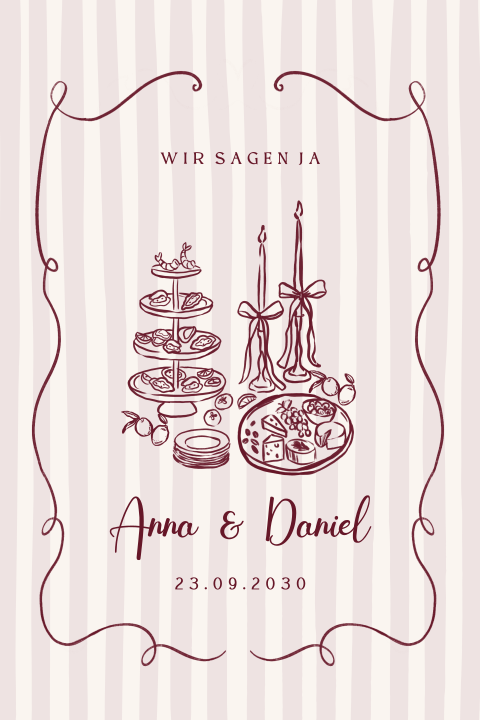 Trendy Hochzeitskarte Berry mit Streifen und Illustrationen