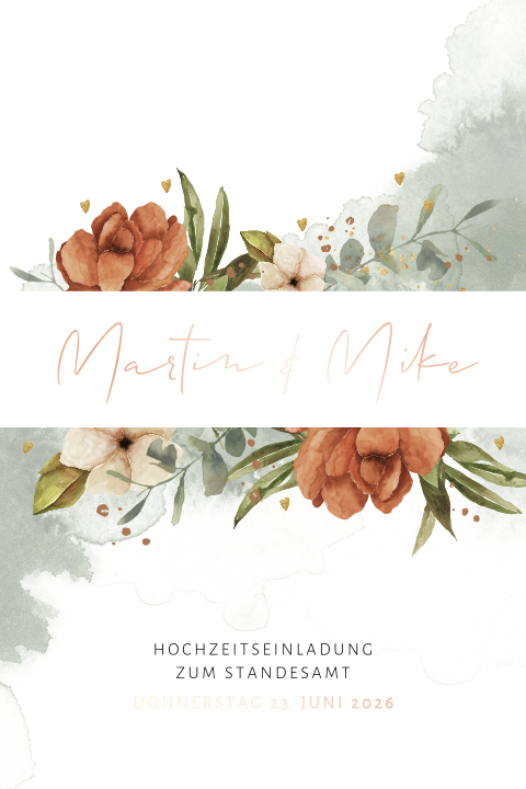 Einladung Standesamt mit Rosen und dezenten Herzen