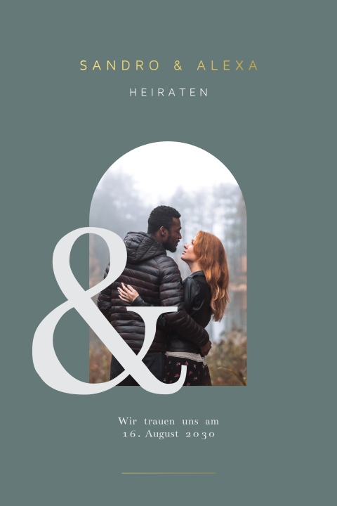 Hochzeitseinladung in Petrol-Grün mit Foto in Halbbogenform
