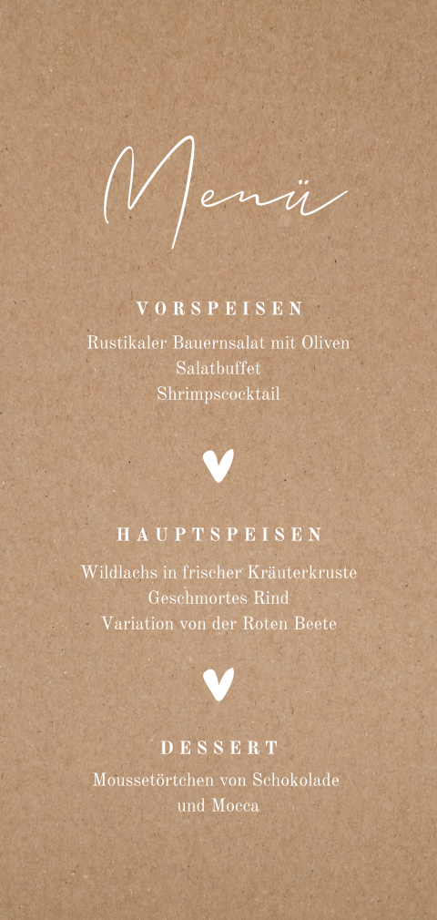 Menükarte mit Kraft-Look Hintergrund und weißen Herzen