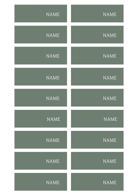 Lange Namenskarten in Grün mit weißer Schrift und optionaler Menükarte
