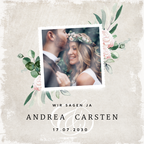 Elegante Hochzeitskarte mit Foto und dezenten Blumen