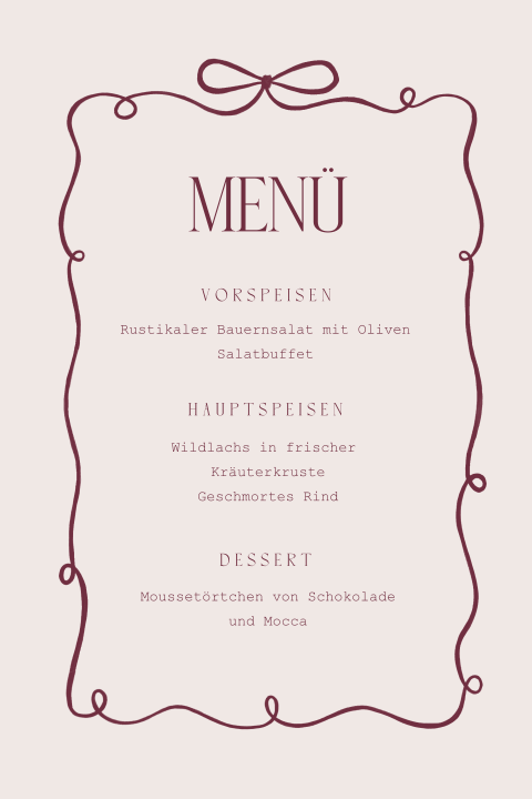 Menükarte in Rokoko-Stil mit dunkelroter Schleife und rosa Hintergrund