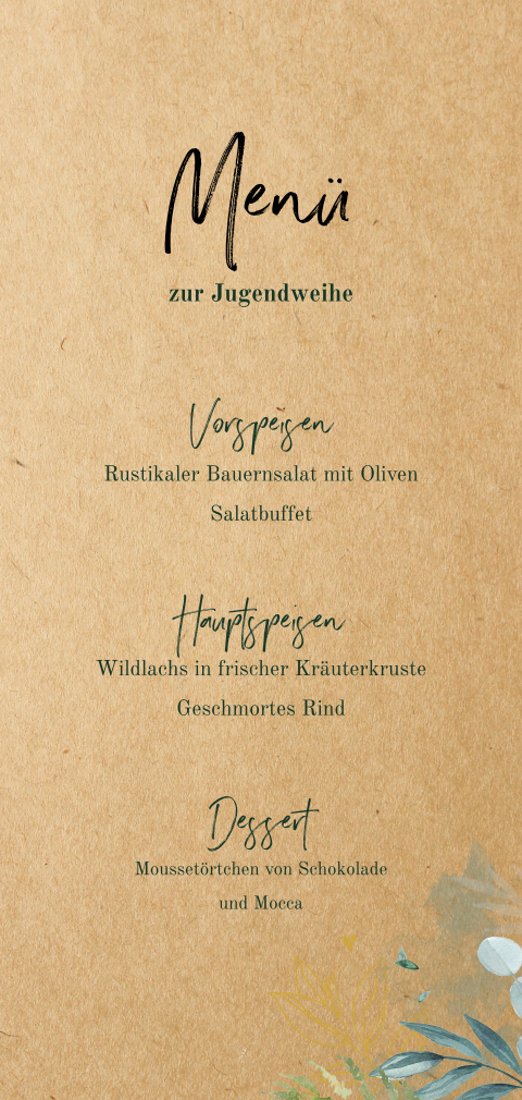 Menükarte zur Jugendweihe schlicht