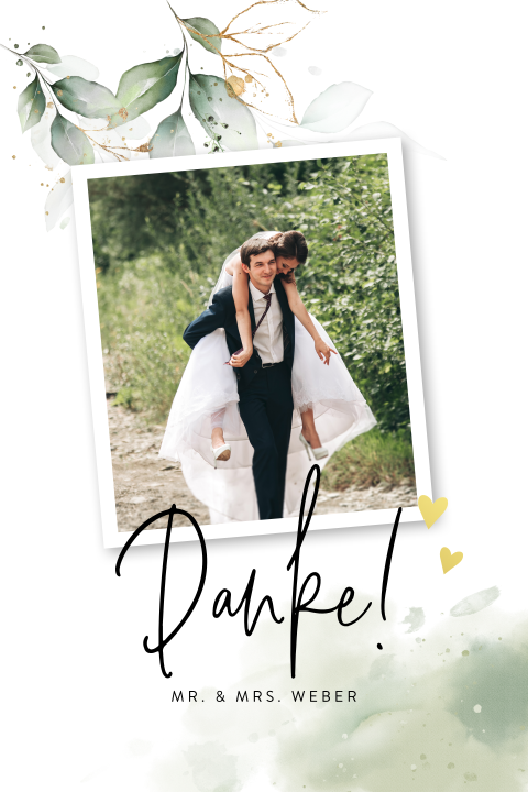 Dankeskarte mit Blattspritzern und Hochzeitsfoto
