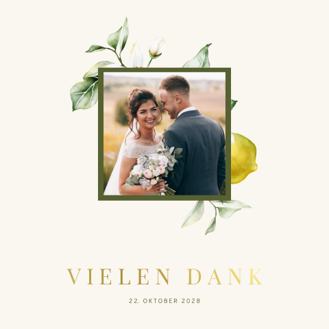 Dankeskarte in Beige mit Zitronenzweig und Foto