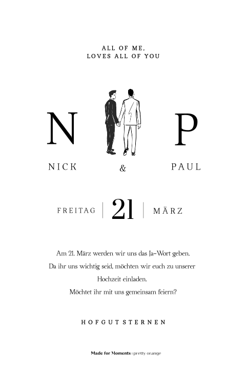 Hochzeitseinladung mit Tuschezeichnung von Braut und Bräutigam
