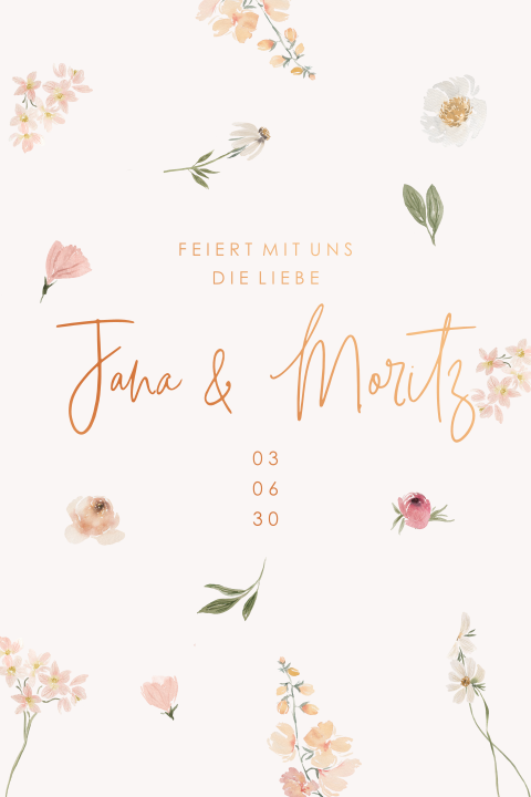 Romantische Hochzeitskarte mit Blumen und Kupferfolie