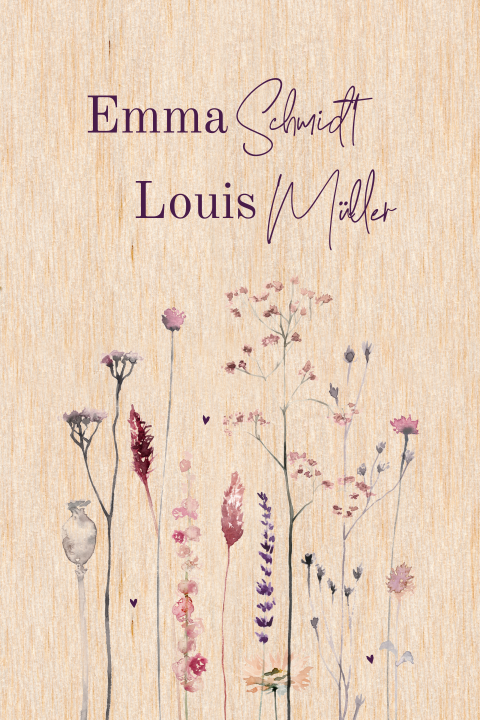 Hübsche Hochzeitskarte auf Holz mit Aquarell-Feldblumen