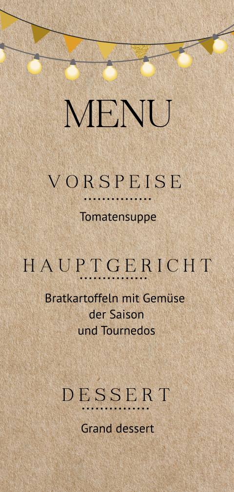 Menükarte mit Lichterkette und Girlande