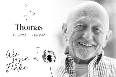 Trauerdanksagung mit Foto und schwarzen Gänseblümchen