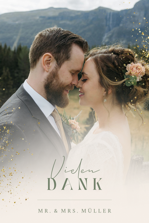 Einfache Danksagungskarte zur Hochzeit mit großem Foto und Glitzer