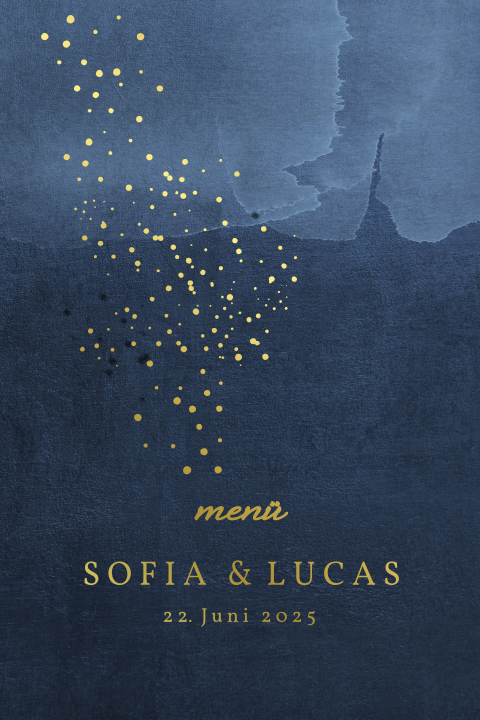 Menükarte im dunkelblauen Aquarell-Look mit Goldfolienveredelung