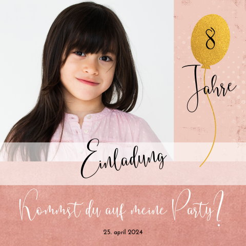 Einladung zu einer Kinderparty mit goldenen Luftballons und Foto