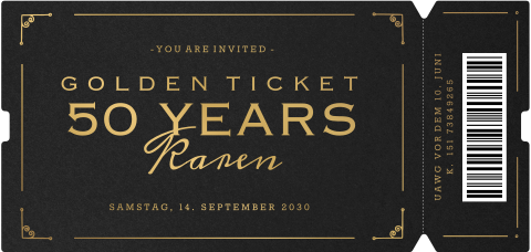 Schwarze Geburtstagseinladung 50 Jahre als Ticket mit Mattgoldfolie