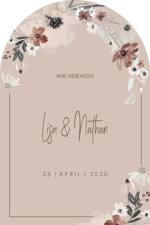 Wunderschöne Hochzeitseinladung im Halbbogenform mit Blumen