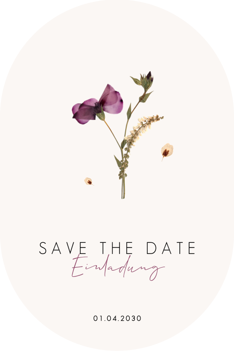 Save the Date Karte in ovaler Form mit gepressten Blüten