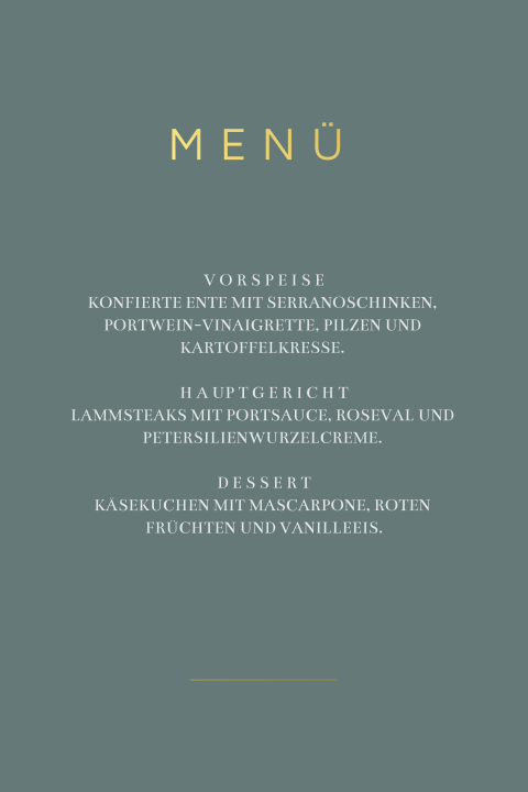 Menükarte in Petrol-Grün mit runden Ecken und Goldfolie
