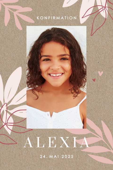 Konfirmationskarte mit Foto und rosa Zweigen im Kraftlook
