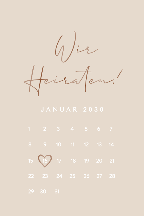 Hochzeitskarte Beige mit Kalenderblatt und Hochglanz