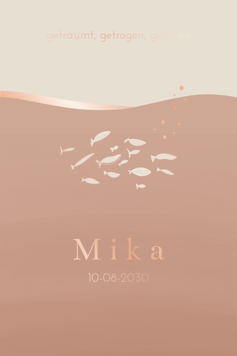 Geburtskarte mit vielen kleinen Fischen, Foto und Hochglanzschrift