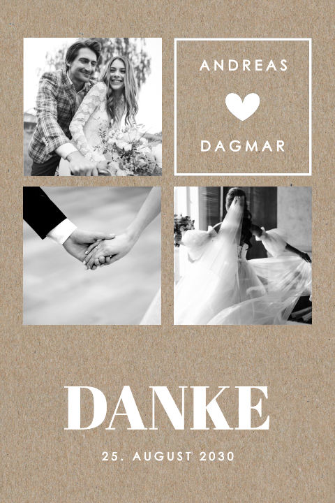 Dankeskarte aus echtem Kraftpapier mit Fotos, weiße Schrift und Herz